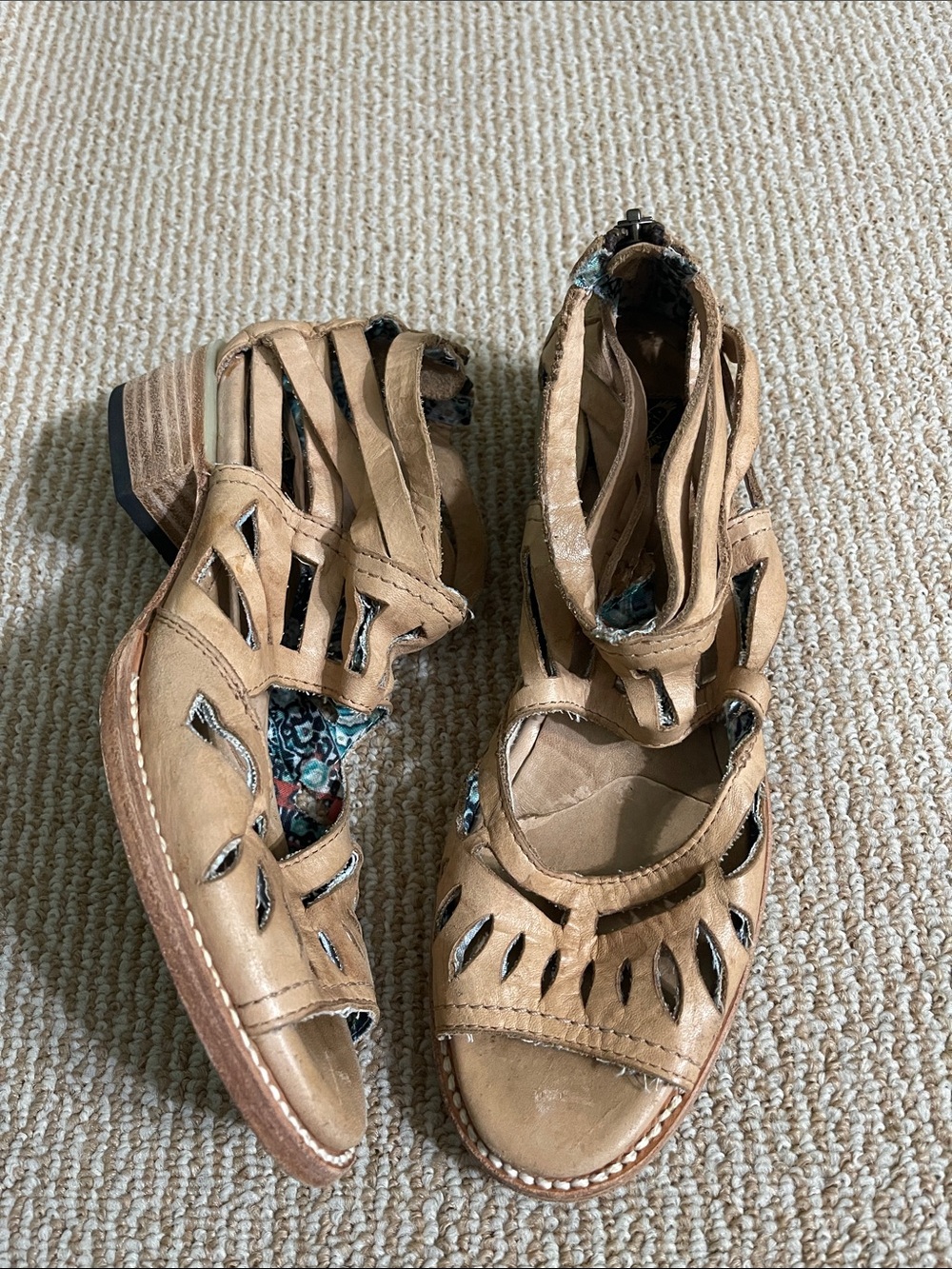 freebird Tan Cutout Leather Ankle-Strap Sandals with Floral Lining